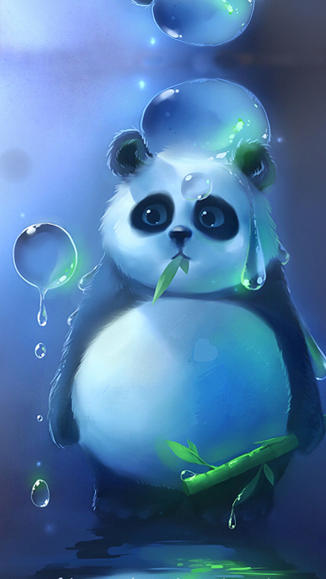 嘴里吃着竹叶,手里拿着竹子的可爱熊猫手机图片壁纸